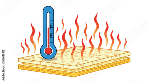 High temperature representation featuring a thermometer rising over a heated surface with flames, depicting extreme heat and thermal energy.