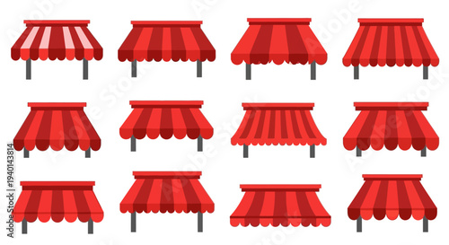 Collection of red striped awnings and canopies for shops and storefronts canopy