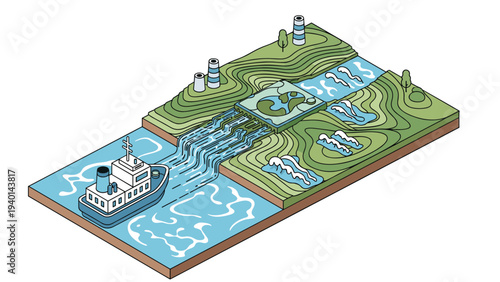 Isometric landscape showing a cargo ship on water with a coastal area featuring a processing plant and complex hydraulic systems.