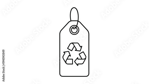 Simple line drawing of a price tag or label featuring the universal recycling symbol, promoting sustainable shopping and eco-friendly products.