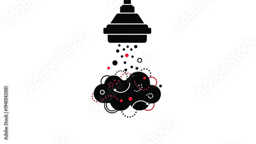 Abstract black silhouette of a funnel or dispenser pouring diverse circular particles and wavy lines onto a dark cloud structure.