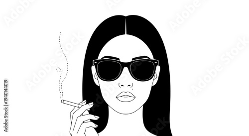 Woman with sunglasses smoking a cigarette in a minimalist black and white illustration.