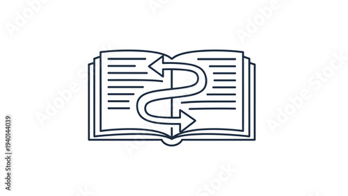 Line art illustration of an open book with curved arrows represents reading comprehension, knowledge exchange, or learning cycles.