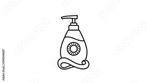 Outlined bottle of sun cream or body wash features a sun icon and wavy liquid design representing beach and summer skincare.