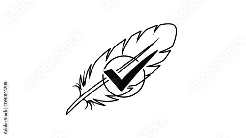 Thin line drawing of a soft feather with a bold checkmark icon inside a circle represents lightweight quality or certification.
