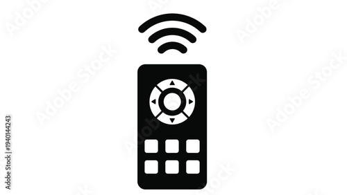 Black icon of a remote control with directional buttons and signal waves at the top represents wireless device management.
