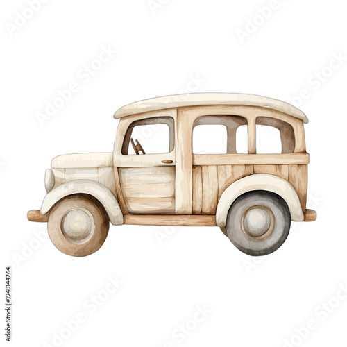 Watercolor vintage woody wagon car illustration isolated on white