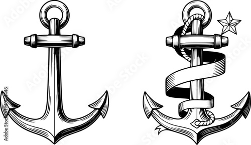 Vintage nautical anchors with rope ribbon and star in black and white engraving style