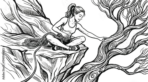 Woman climbing tree, adventurous outdoor activity