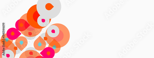 Abstract circles, pinks, oranges, whites overlap. Minimalist design, clean aesthetic, modern composition. Simple shapes create visual interest.