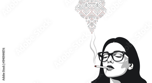 Woman smoking a cigarette with smoke forming an intricate pattern.