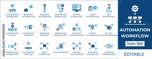 Automation workflow icon set featuring RPA, business process automation, digital workflow, task automation, smart systems, and robotic process optimization symbols.