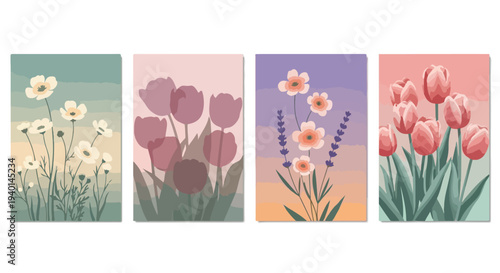 Set of 4 Vector Floral Illustrations with Pastel Backgrounds, Featuring Tulips, Cosmos, and Lavender for Spring and Summer Designs