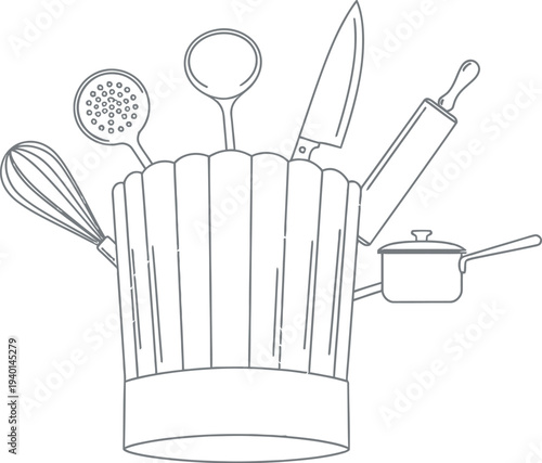 Professional chef hat displayed centrally surrounded by essential culinary tools like a knife whisk and rolling pin illustrations.