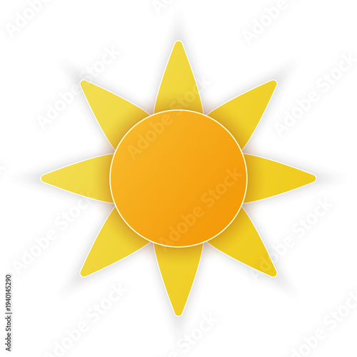 Paper Cut Sun isolated on white background. 3D Papercraft Yellow sunshine icon symbol. Forecast Icon for App Interface posters and flyers presentation web social media design banner forecast sticker.