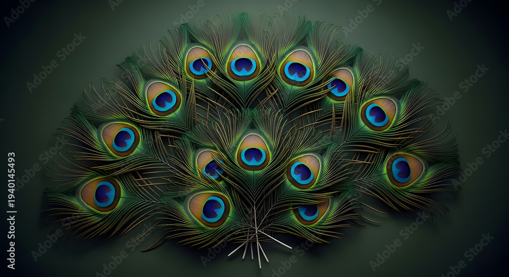 Obraz premium Elegant fan of vibrant peacock feathers with iridescent blue and green eyes on a dark moody background.