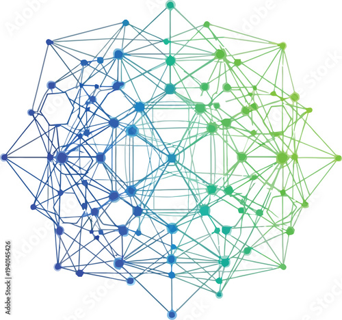 Abstract digital representation of a complex decentralized network structure illustrating interconnected data points with blue and green gradients
