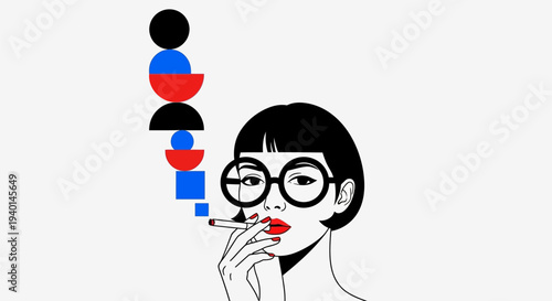 Woman smoking a cigarette with colorful abstract shapes.