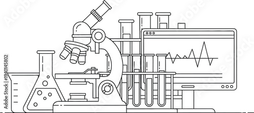 Scientific laboratory equipment featuring a microscope beakers test tubes and a monitor displaying an analysis graph
