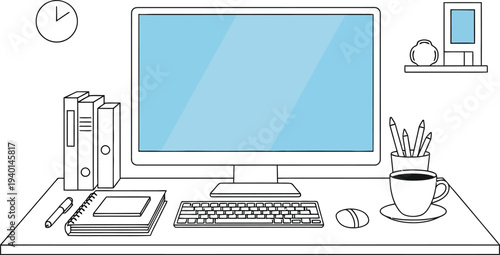 Simple line art illustration depicts a clean desktop workspace featuring a computer monitor keyboard mouse and various office supplies.