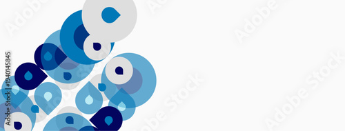 Abstract circles overlap, creating dynamic composition. Shades range from dark to light blue against white background. Minimalist design.