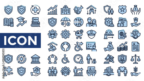 Collection of blue line icons representing law health safety and charity