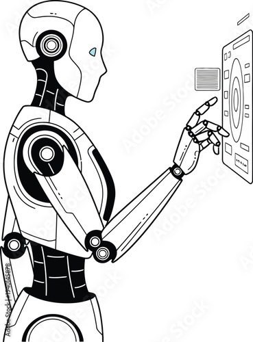 A sleek futuristic humanoid robot engages with an advanced interactive virtual display, showcasing cutting-edge artificial intelligence and automation in a clean, modern technological environment.