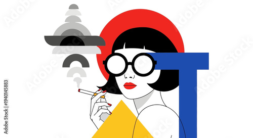 Illustration of a woman smoking with abstract shapes.