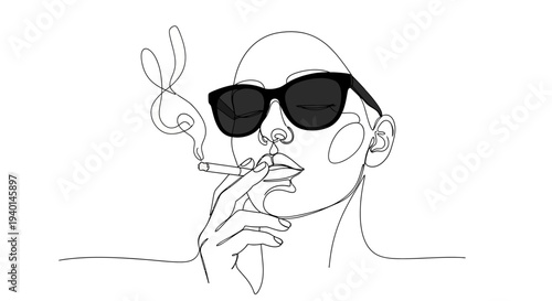 Continuous line drawing of a person smoking a cigarette with sunglasses.