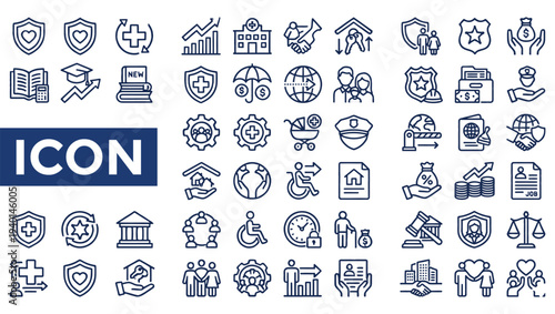 Collection of blue line icons representing insurance security and legal concepts
