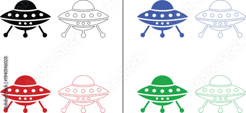 Modern UFO and Flying Saucer Icon Set with Solid and Outline Styles in Multiple Colors for Sci-Fi and Space Design