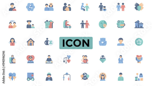 Colorful flat icons depicting people family health and various social concepts