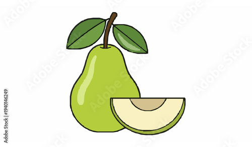 Bright Ripe Green Pear with Leaf and Slice Colorful Flat Fruit Vector Icon