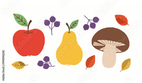 Cute colorful autumn harvest food vector set with apple pear berries and mushroom on white background