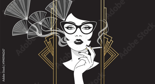 Vintage woman smoking a cigarette with art deco elements.