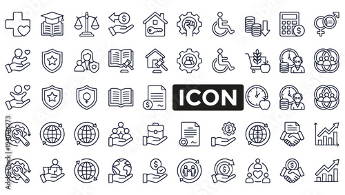 Diverse collection of line icons representing law health finance and global concepts