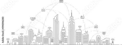 Black and white line art cityscape illustrates interconnected modern technology devices forming a conceptual smart city network