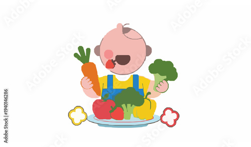 Cheerful Child Eating Fresh Vegetables and Fruits Colorful Vector Illustration for Healthy Eating