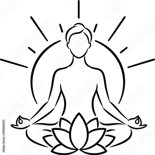 Minimalist black and white line art illustration depicting a person meditating peacefully in the lotus position above a flower.