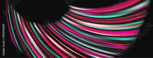 Abstract flowing ribbons, vibrant colors, dynamic composition. Pink, teal, purple hues create modern visual impact. Smooth gradients present elegant design.