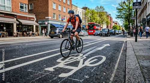 A cyclist glides smoothly along a clearly marked bike lane, enjoying the rhythm of the ride. The scene captures the calm confidence of sustainable urban mobility under open skies.