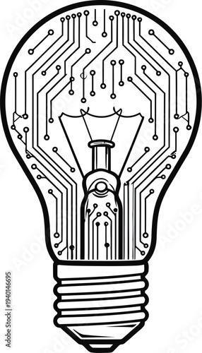 Black and white line art drawing of an incandescent light bulb filled with internal printed circuit board traces symbolizing electrical innovation and bright new ideas.