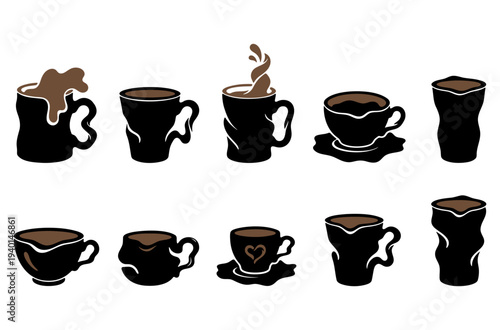 Coffee cup silhouette set with steaming mugs and espresso drink icons