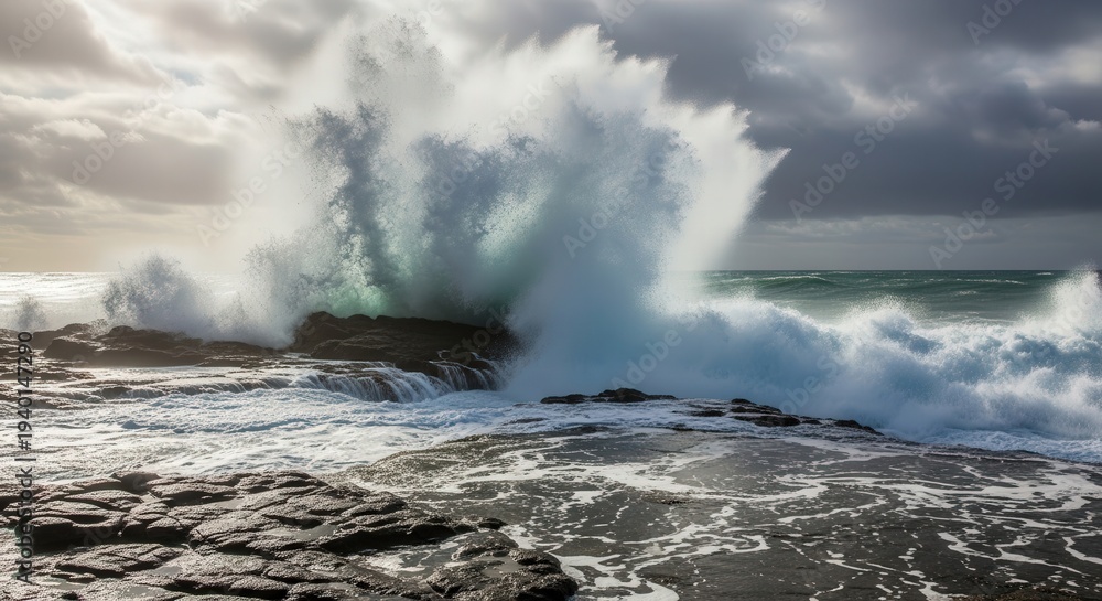 Fototapeta premium Dynamic Ocean Waves Crashing on Rocky Shore During Stormy Weather