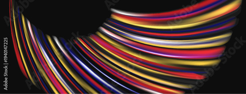 Colorful curved lines create abstract design. Bright shades contrast dark background. Modern, dynamic visual composition.