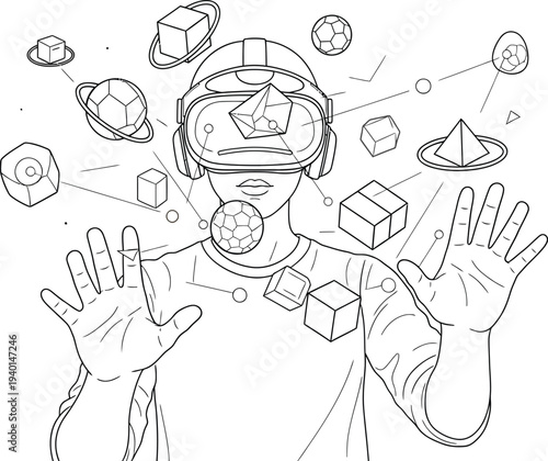 A person immersed in a virtual reality experience, interacting with abstract geometric shapes and digital elements floating around them in an immersive 3D metaverse.