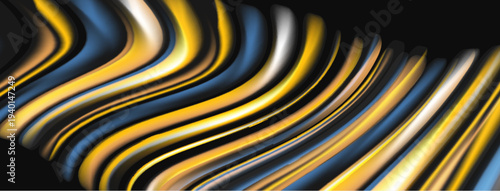 Abstract fluid shapes, gold, blue hues. Dynamic composition, smooth curves, dark background creates contrast. Modern design element.
