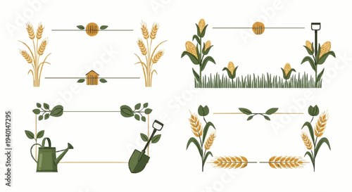Set of four elegant agricultural frames decorated with stalks of wheat, corn plants, watering can, and shovel icons on a white background.