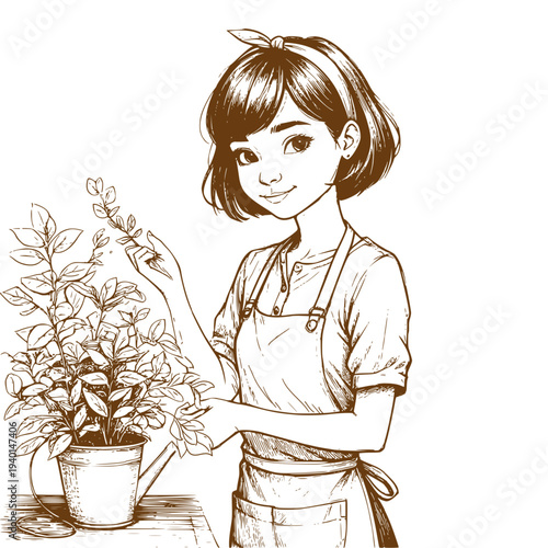 A girl in the garden takes care of flowers, black and white sketch. Vector illustration. House plants in pots. Theme of gardening, spring, work in the greenhouse