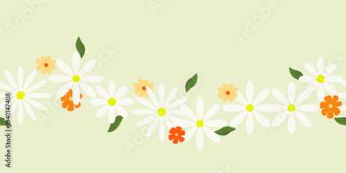 Seamless border with daisies and chamomile. Vector illustration. Green spring leaves for Easter and March.